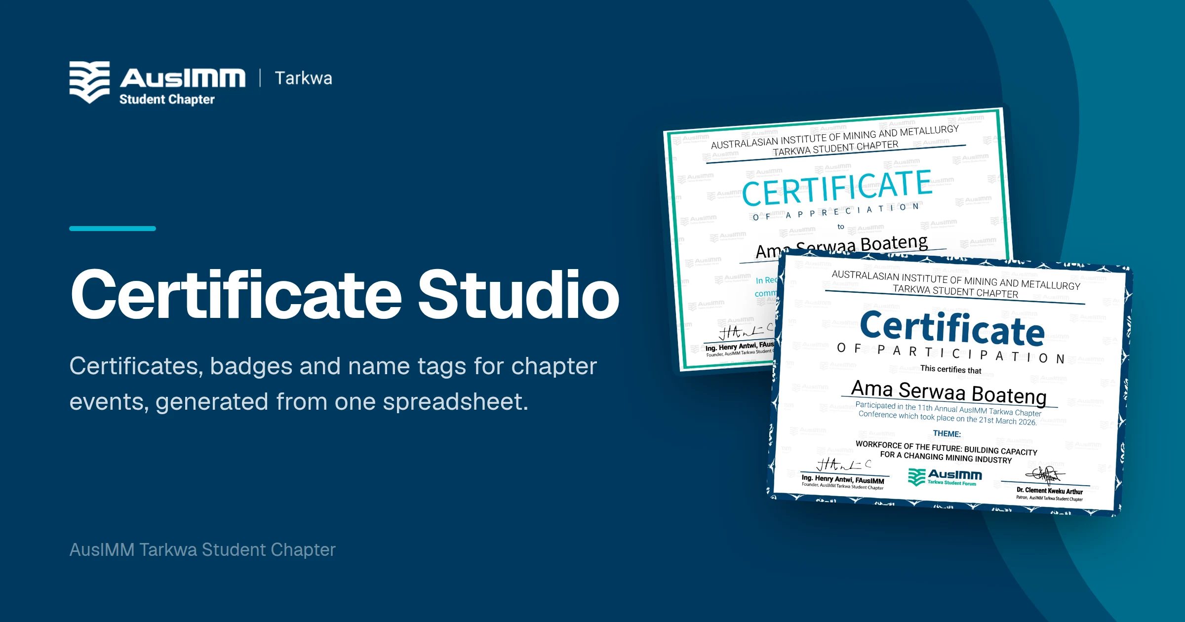 AusIMM Tarkwa Student Chapter Certificate Studio, with the chapter's appreciation and participation certificates