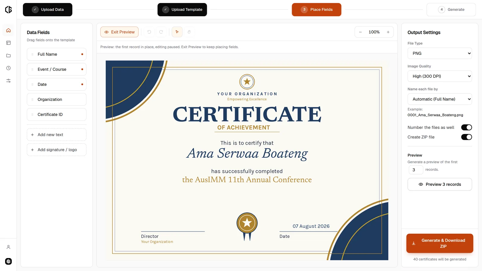 CertiBatch field placement screen, showing a certificate previewed with a real student's name and event