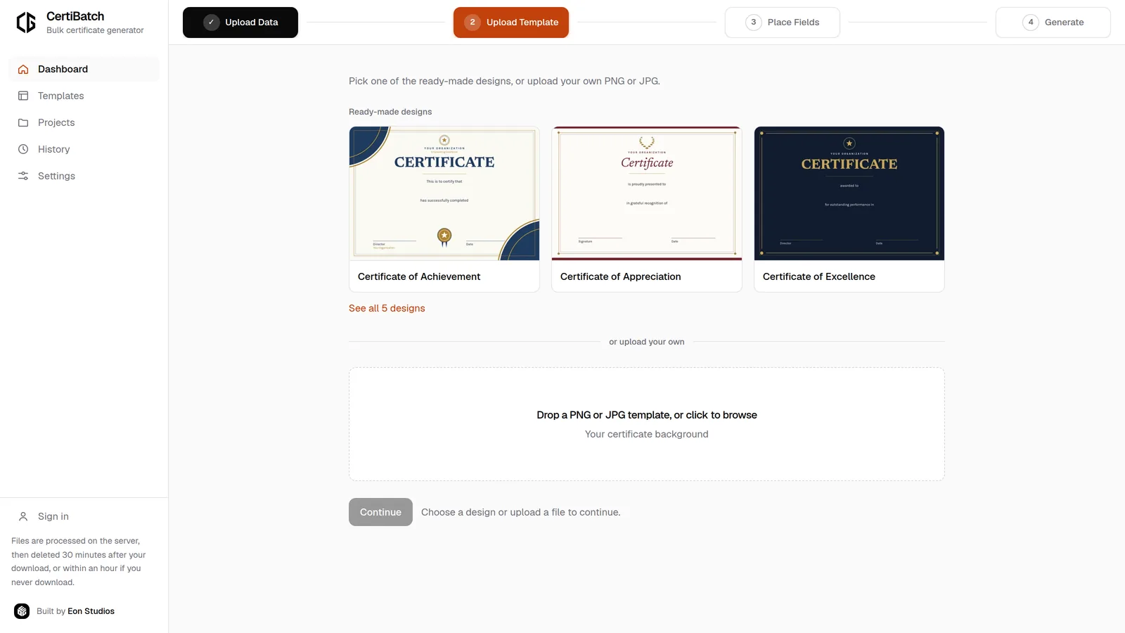 CertiBatch template gallery with ready-made certificate designs