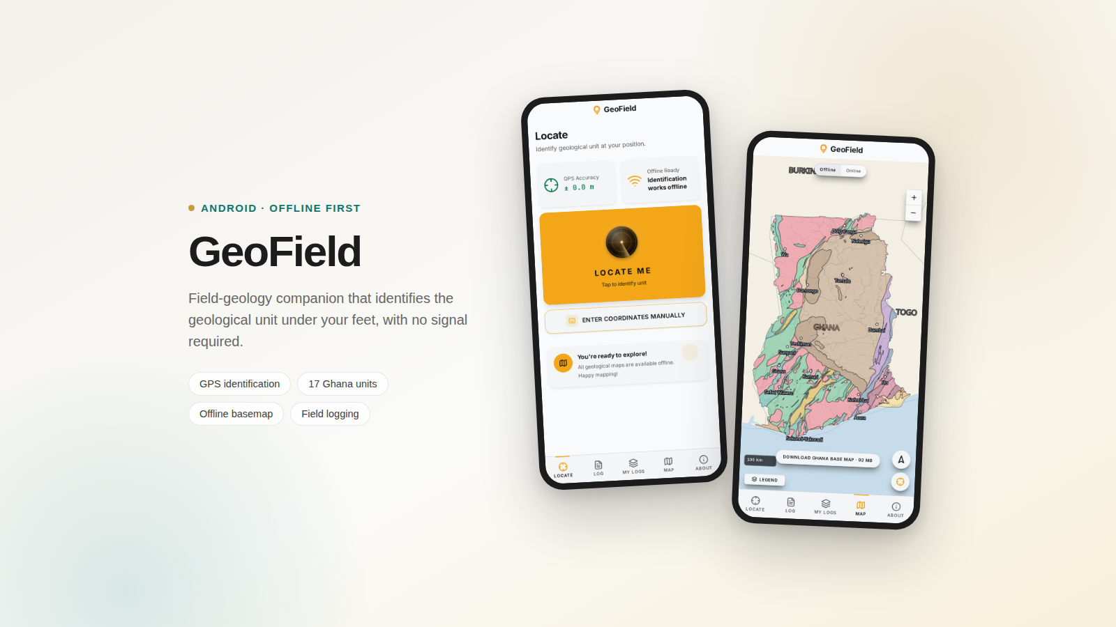 GeoField Android app: Locate screen and offline Ghana geological map
