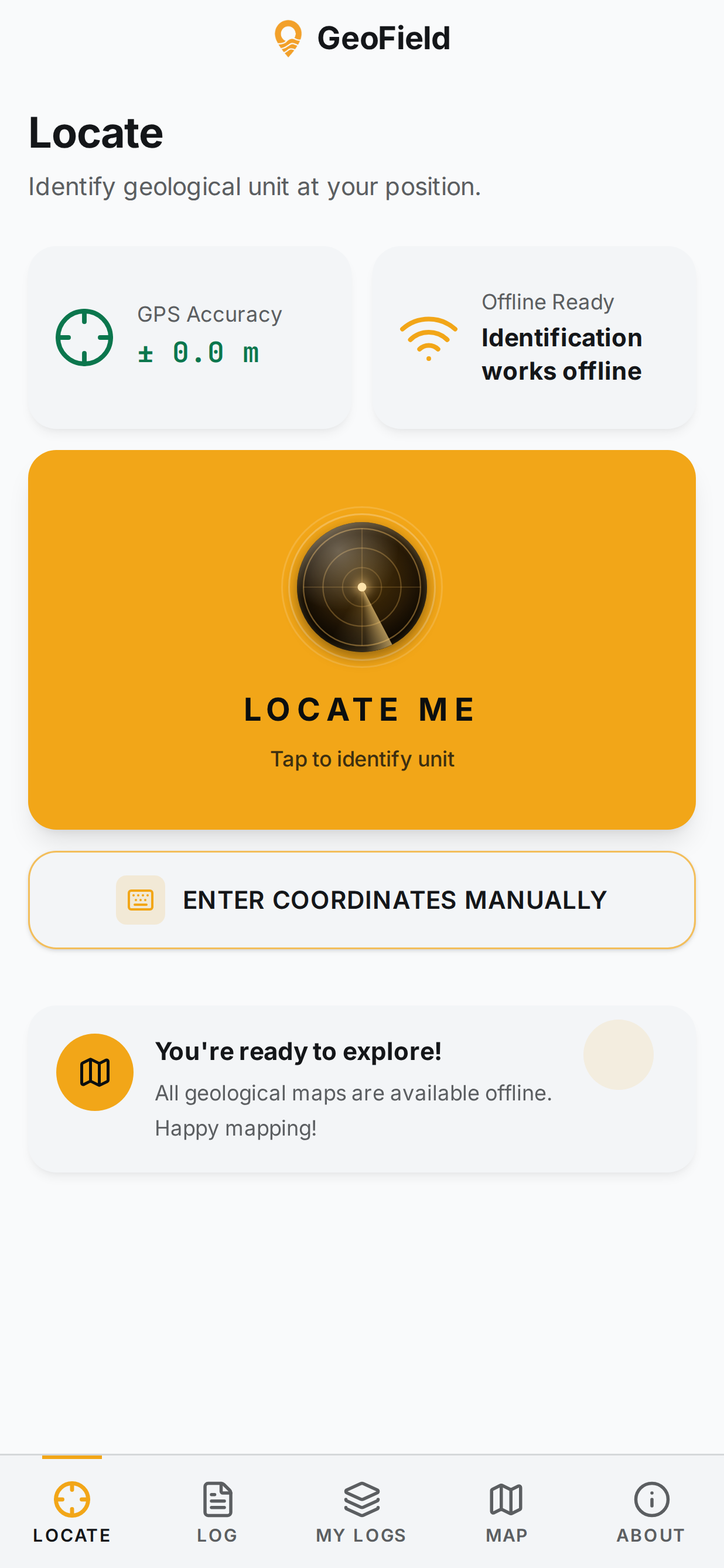 GeoField Locate screen showing GPS accuracy and the Locate Me control