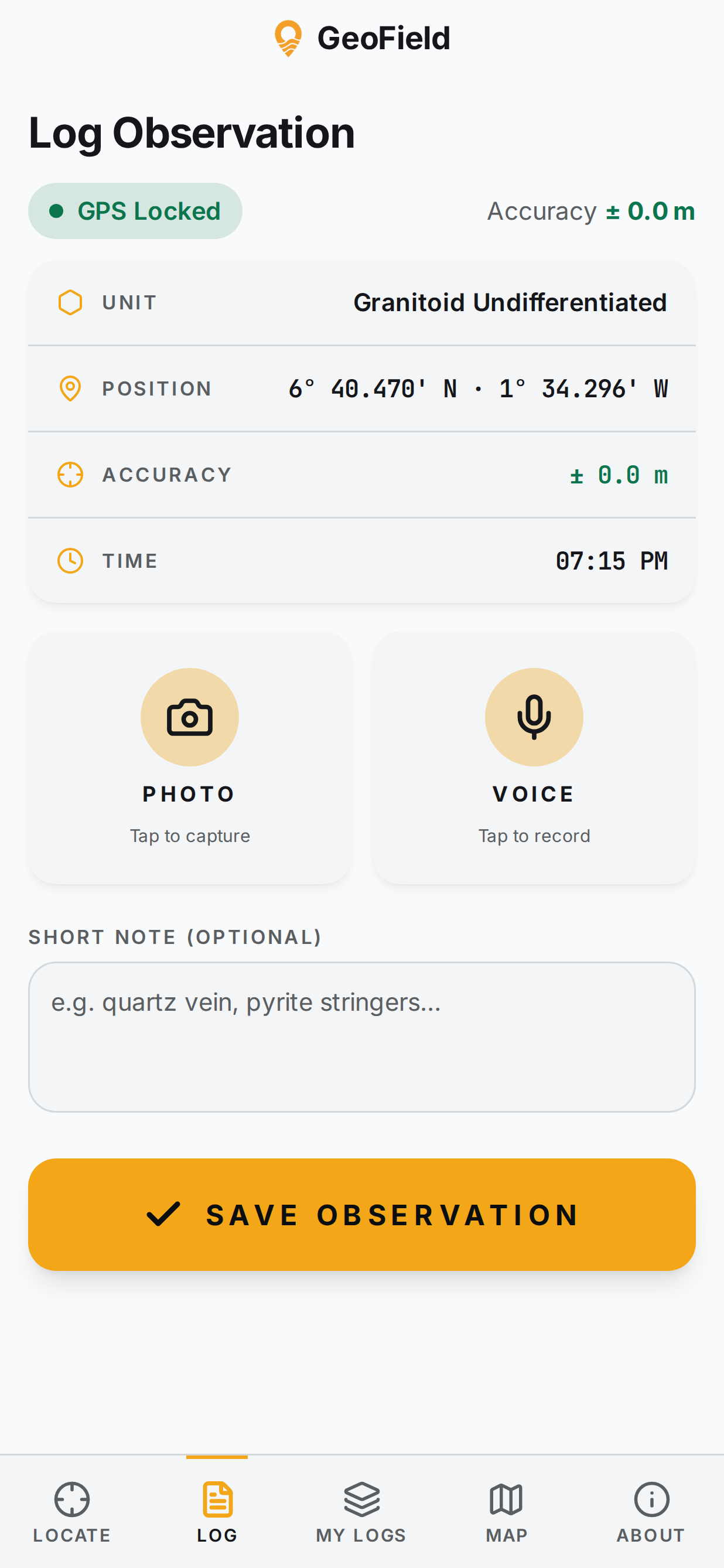 Log Observation screen with unit, position, accuracy, photo and voice capture
