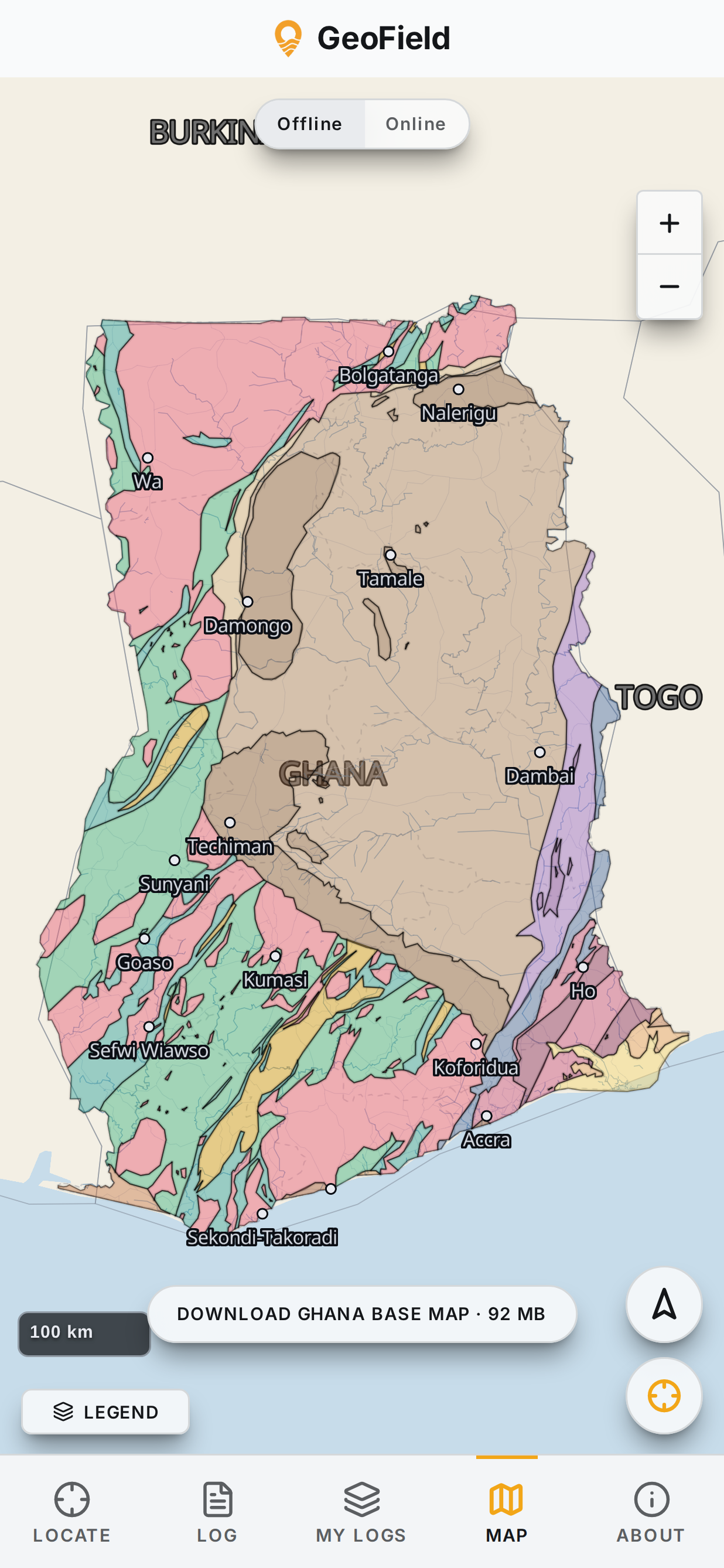 Offline geological map of Ghana with coloured units and place labels